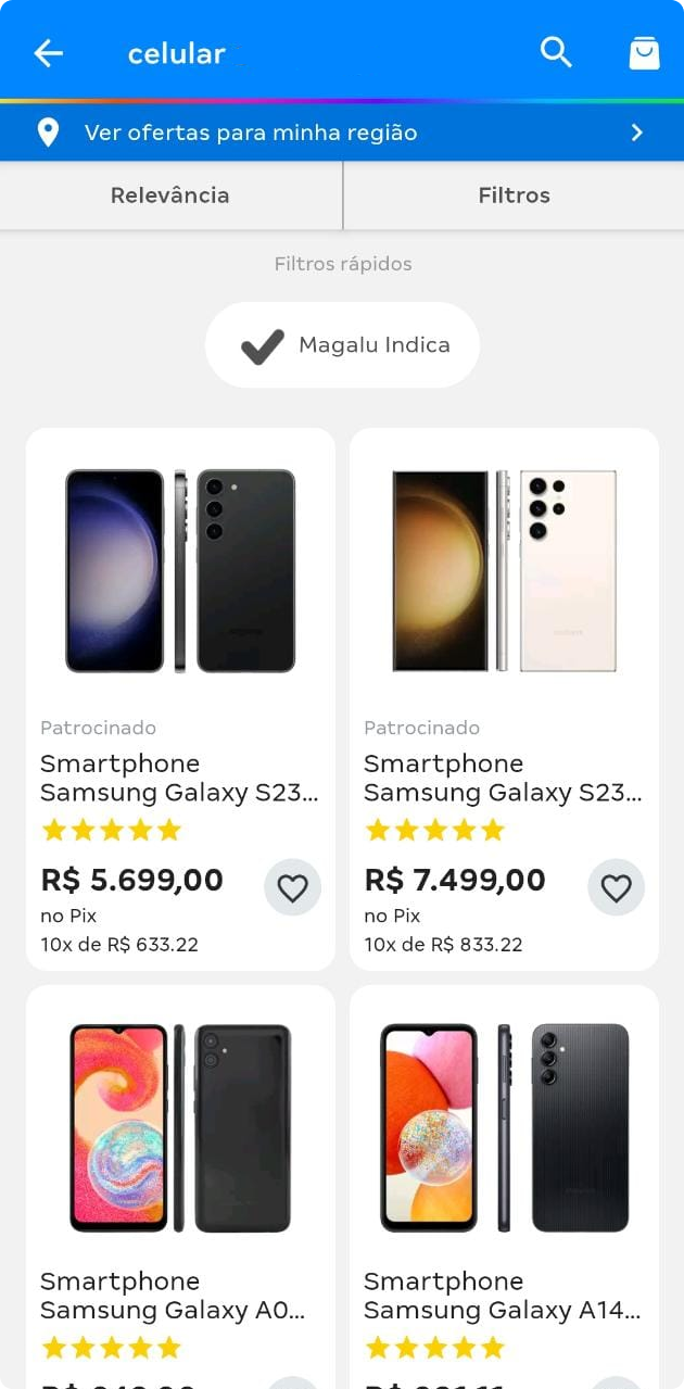 Tela de um produto no Super App Magalu com a vitrine de produtos patrocinados.